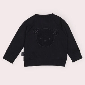 Huxbaby sweat jacket black zip front bear appliqué collarless size 4 years